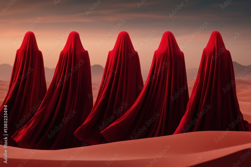 Poster five figures draped in flowing red cloaks stand against a surreal desert landscape, creating a strik