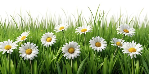 Lush Green Grass Border with Daisies - 3D Rendered Transparent PNG