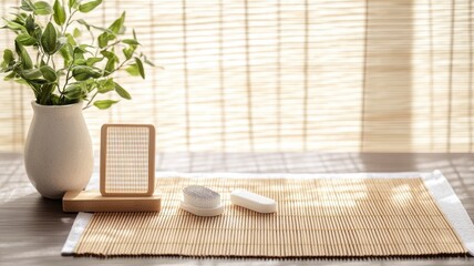 Minimalistic setup with bamboo mat, potted plant, and decor item creating a serene atmosphere by a sunlit window.