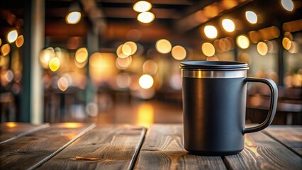 Matte Black Stainless Steel Mug with Lid on Wooden Table in Cozy Cafe - Stock Photo