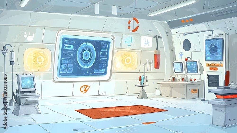 Poster cutting edge research laboratory filled with holographic screens digital displays and various futuri