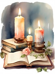 Watercolor candle and book