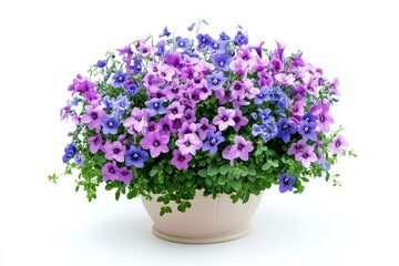 Fototapeta premium Purple and Blue Flowers Blooming in Pot Isolated on White Background
