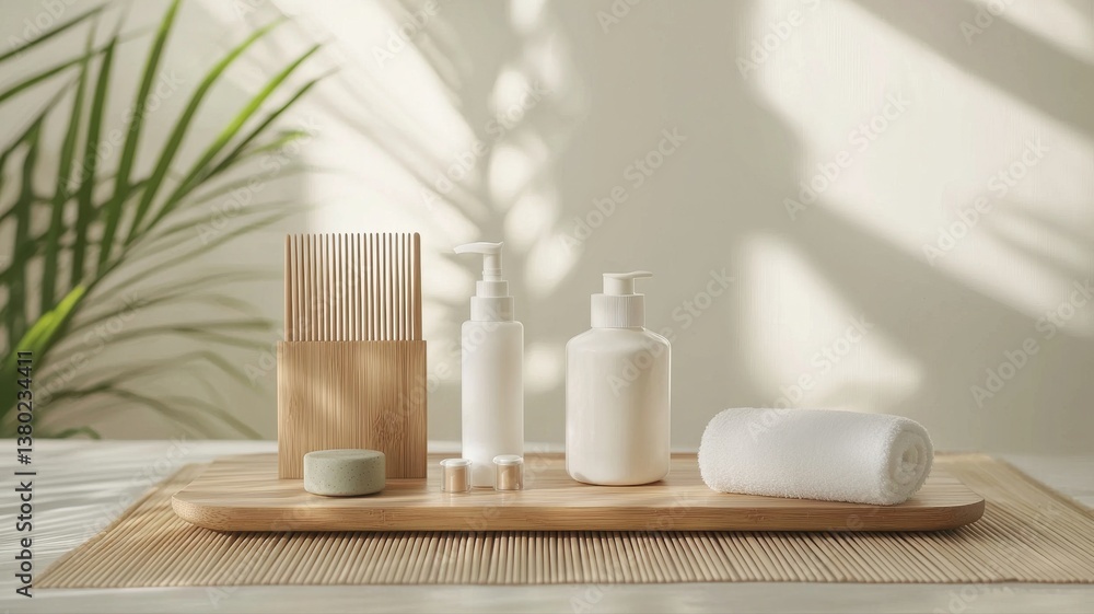 Poster minimalistic spa essentials with natural light and shadows on bamboo tray, creating a serene atmosph