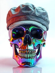 A colorful, iridescent skull with a metallic sheen wears a soft gray leather cap. The vivid rainbow reflections give the skull a striking, futuristic look against a bright white background.