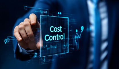 Businessman touching a transparent screen with the word Cost Control. This is a financial concept representing cost control, growth, and expansion on a virtual interface background