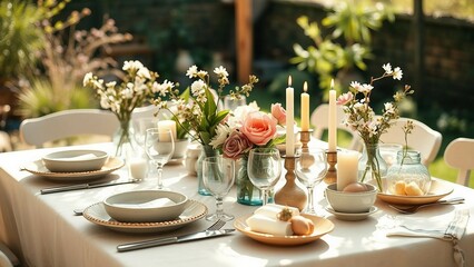 A beautifully arranged outdoor table in a garden, featuring floral arrangements, candles, and sunlight filtering through trees, setting a warm and inviting atmosphere for gatherings or celebrations.

