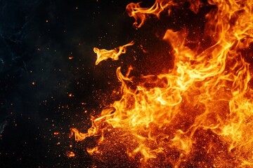 A vivid close up of a large, bright fire blazing on a black background