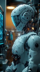 Fototapeta premium Next generation robot handling advanced scientific equipment high resolution picture