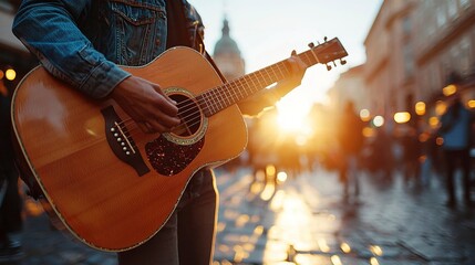 A street musician playing an acoustic guitar during a sunset