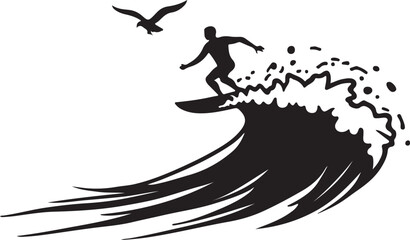 Surfer Riding a Giant Wave | High-Contrast Vector Silhouette