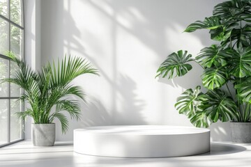 Product Podium - White Podium, White Shadowy Background. 3D Illustration, Generative AI