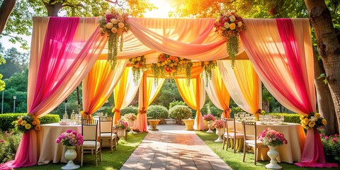 Fototapeta premium Romantic Outdoor Wedding Venue Decorated in Pink, Orange & Yellow Draping