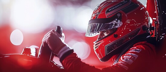 A race car driver wearing a red helmet gripping a steering wheel
