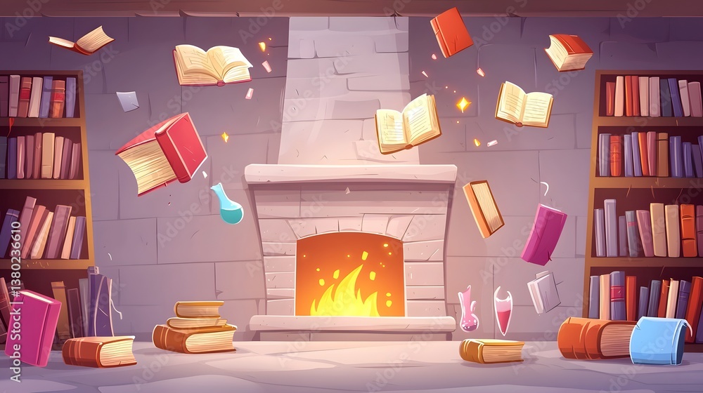 Poster enchanting scene of a wizard s study filled with floating books glowing potions and a cozy fireplace