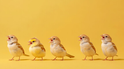 Fototapeta premium Five adorable baby birds with varying shades of yellow and brown are lined up against a bright yellow background, all looking lively and chirping.
