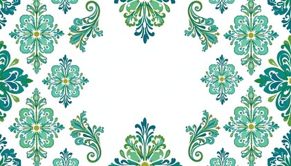 Symmetrical paisley damask motif in muted blues and greens on white , wallpaper design, green