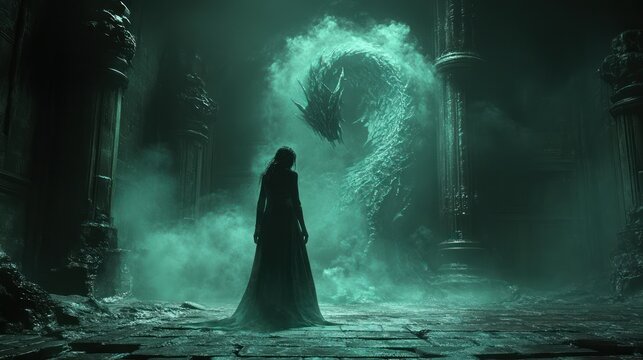Mysterious figure ethereal green fog