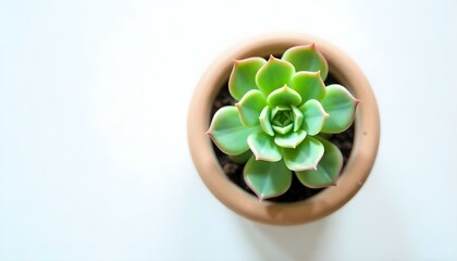 A top-down shot of a succulent plant in a pot, set against a plain white background. The succulent features thick, fleshy leaves arranged in a symmetrical rosette pattern