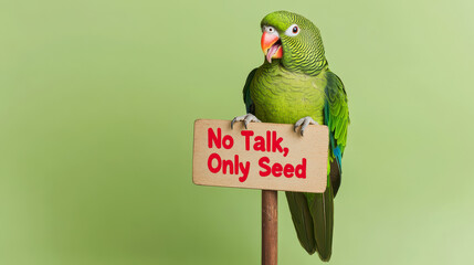 A colorful parrot perched on a sign that reads "No Talk, Only Seed," set against a vibrant green background.