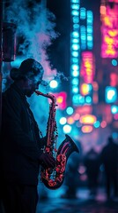 A street musician is playing his saxophone at night