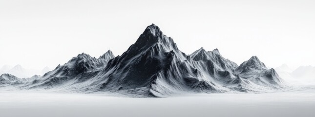 A black and white painting of a snowy mountain range