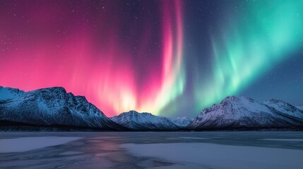 A stunning display of the Northern Lights illuminates the night sky, with vibrant colors reflecting over a snowy mountain landscape.
