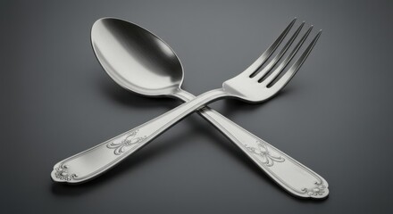 Crossed Silver Spoon and Fork with Metallic Reflection