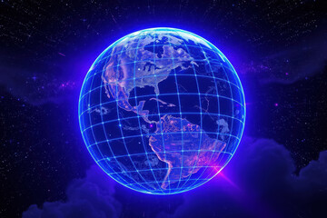 Fototapeta premium Glowing grid overlays a digital Earth model, highlighting data points and connections. Futuristic technology and global networking concepts depicted in vibrant blue neon hues.