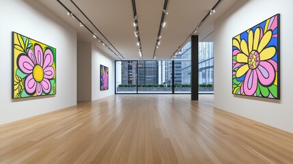 Modern Art Gallery Featuring Bright Pixel Flower Paintings