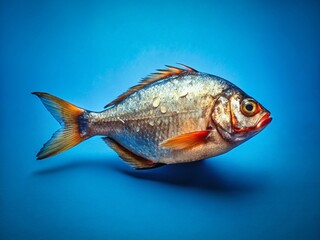 Fototapeta premium Dried Bream Fish Close-Up, Salty River Fish Top View, Blue Background, Copy Space