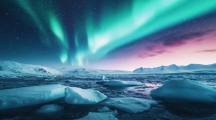 A stunning display of the Northern Lights illuminates the night sky over icy landscapes, reflecting on water and creating a serene, magical atmosphere.