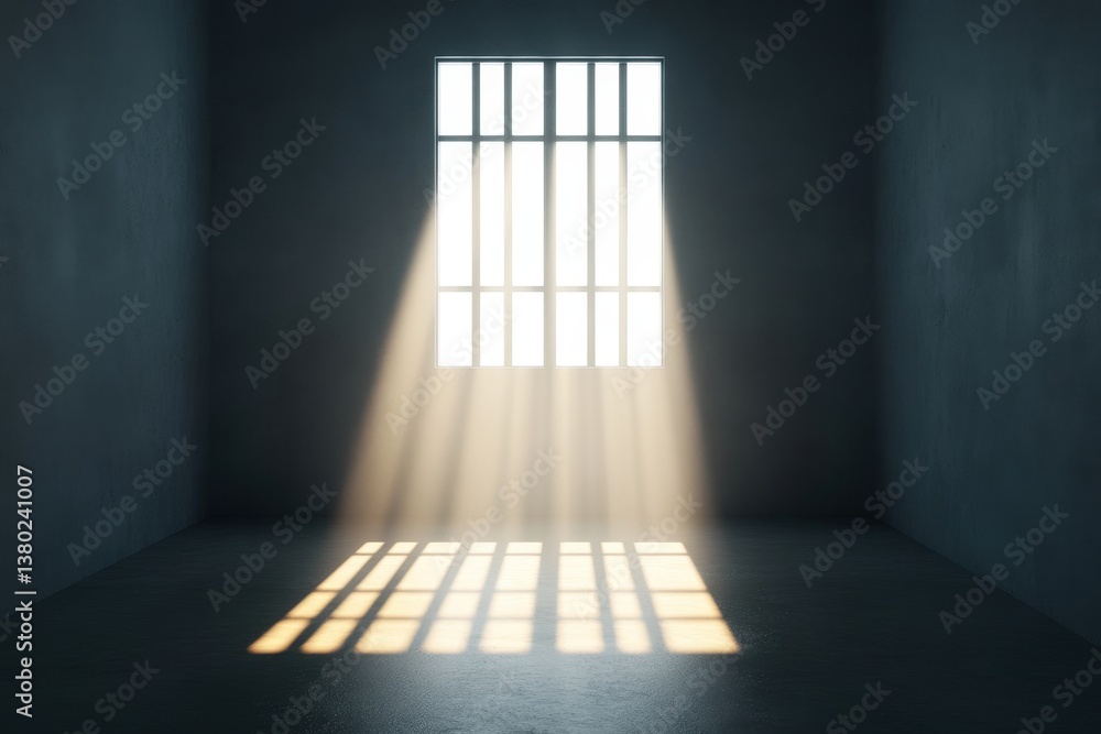 Poster a dimly lit room with a barred window, allowing beams of light to shine through onto the floor, crea