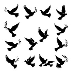Vector collection of peaceful doves with olive branches, simple and classic design isolated on white background 