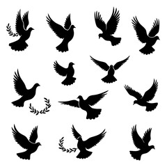 Vector collection of peaceful doves with olive branches, simple and classic design isolated on white background 
