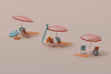 Minimalist beach setup with umbrellas, deck chairs, and surfboards in a 3D render