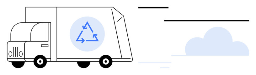Recycling truck featuring sustainability icon speeds forward with streamlined lines and a cloud backdrop. Ideal for sustainability, recycling, eco-awareness, waste management, environmental