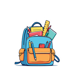 School backpack overflowing with colorful supplies for studying