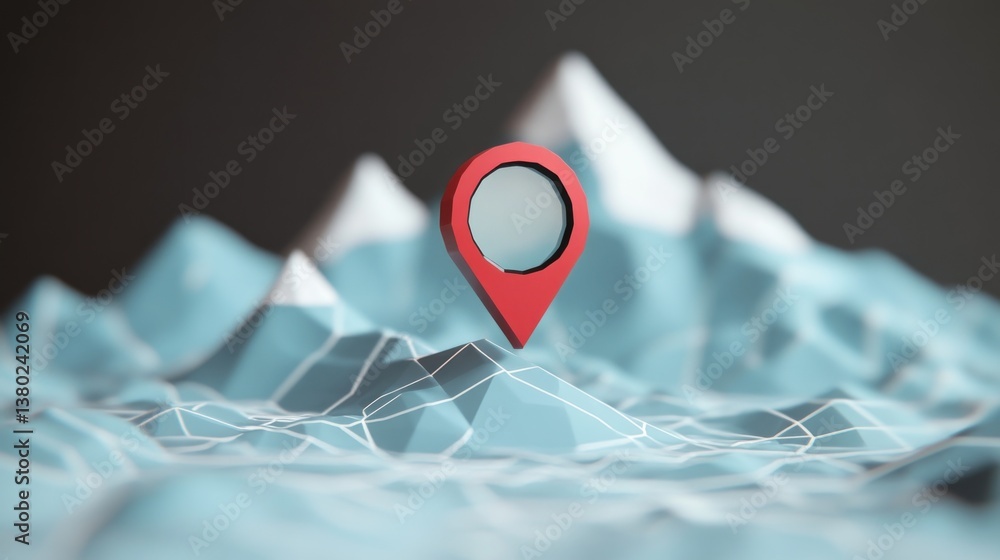 Poster red marker pinpoints location on digital mountain range