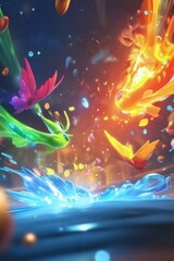 A vibrant illustration of colorful birds emerging from a splashing water surface, set against a dreamy, glowing background filled with abstract shapes and light effects, evoking a sense magic wonder