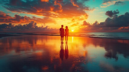 Fototapeta premium Couple holds hands at beach sunset with vivid sky reflected on wet sand