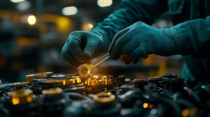 A mechanics hands carefully assembling a complicated piece of machinery