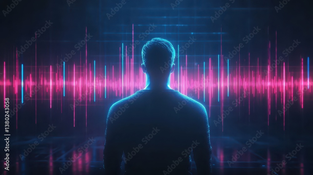Poster man interacting with vibrant sound waves, exploring the visual representation of audio