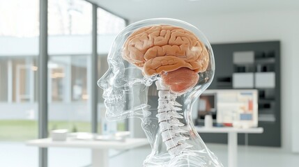 Brain Visualization: A detailed 3D render of the human brain, showcased within a transparent head and skeletal framework. Illustrating intelligence and the wonders of the mind.