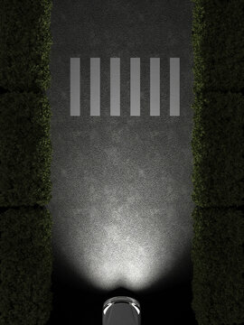 3D rendering of a car with headlights illuminating a zebra crossing at night