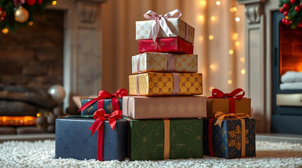 Elegant Christmas Gift Tower with Velvet Ribbons Embossed Paper and Fireplace Ambiance