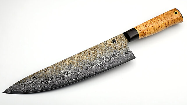 A knife with a wooden handle and a black blade