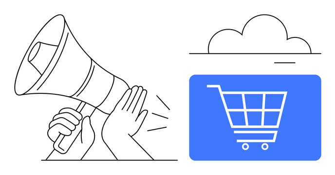 Loudspeaker amplifying announcement beside shopping cart icon in cloud backdrop. Ideal for marketing, e-commerce, advertising, sales, communication, digital business, customer engagement. Clean flat