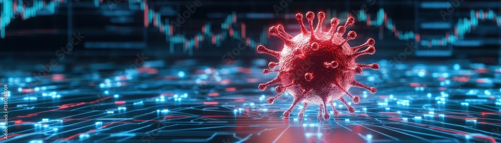 Poster 3d rendering of a red coronavirus particle is superimposed on a digital background with blue circuit