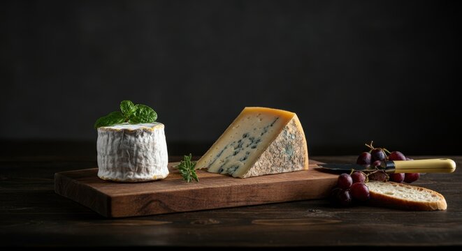 Cheese board with various cheeses, grapes, knife, and bread on wooden surface